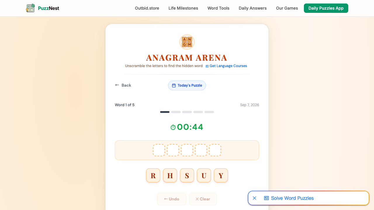 Anagram Arena's daily challenge with shuffled letter tiles, a countdown, and Undo and Clear controls.