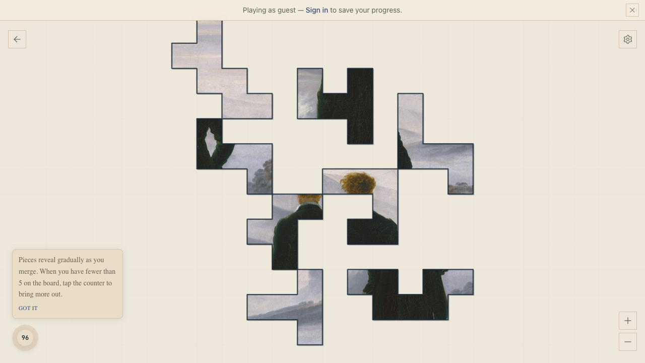 Art Keeper's daily painting puzzle, with pieces to arrange as the hidden artwork is revealed.