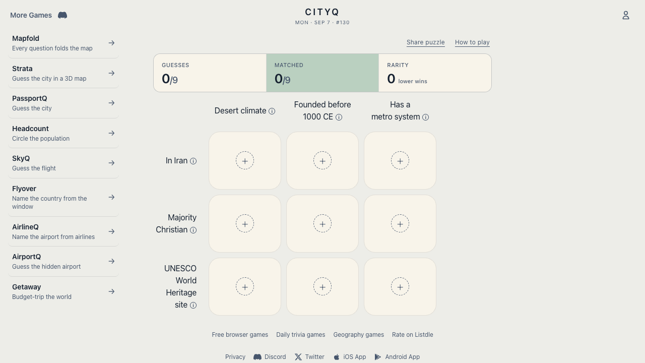 CityQ's daily 3×3 board with intersecting city categories, guess count, and rarity score.