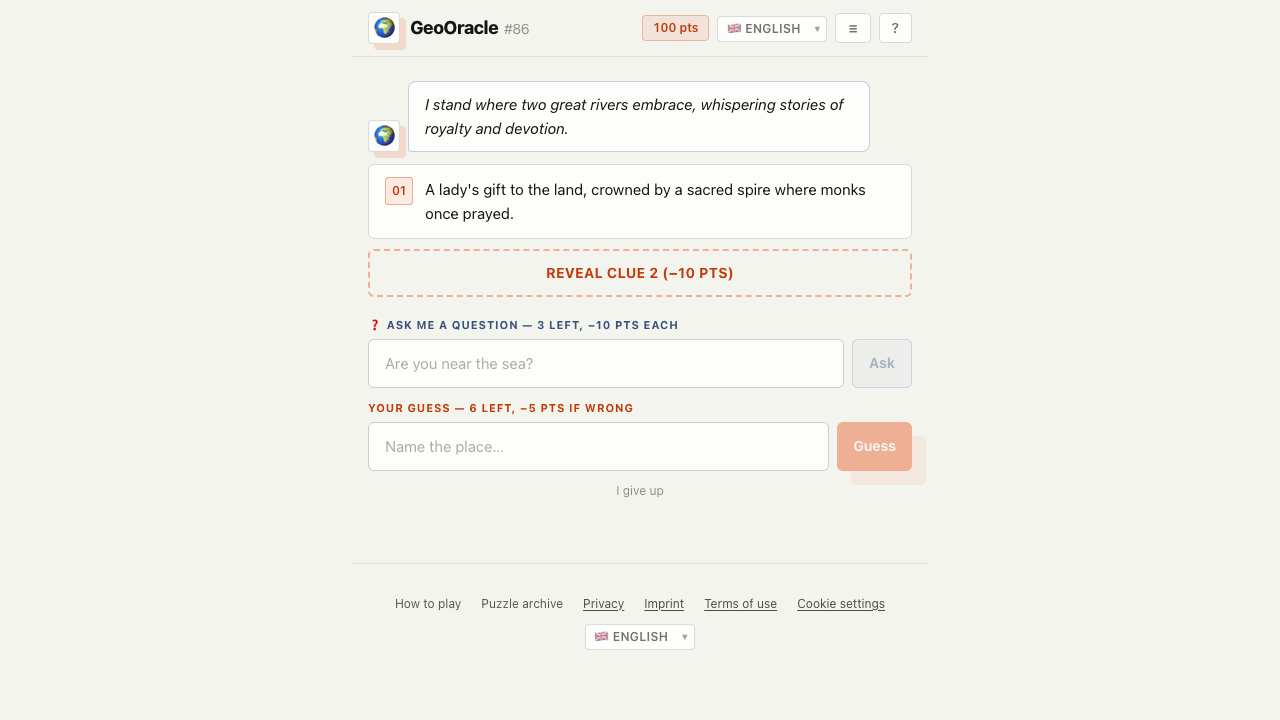 GeoOracle showing its first-person place clue, optional question field, and six-guess answer area.