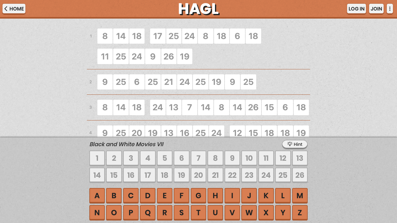 HAGL's category cipher board showing thirteen encoded items and the alphabet tiles used to decode them.