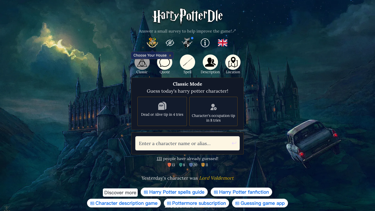 Harrypotterdle's Classic character puzzle within its five-mode Wizarding World interface.