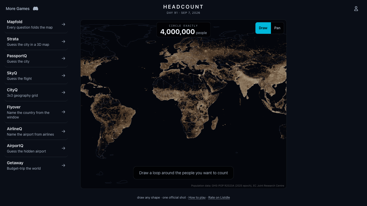Headcount's glowing world population map with drawing and panning controls and the daily target.