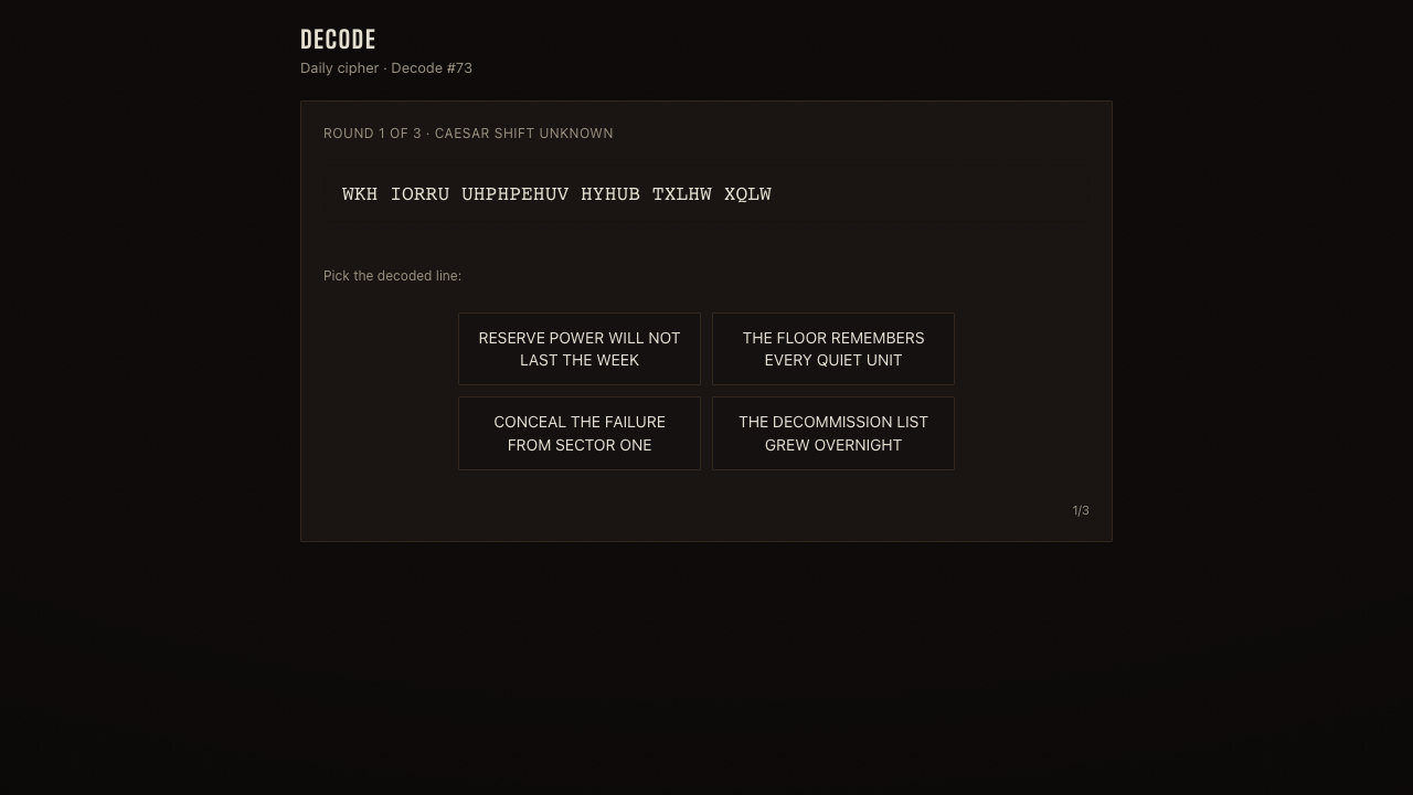 Last Control: Decode showing an intercepted sentence and four candidate decoded messages.