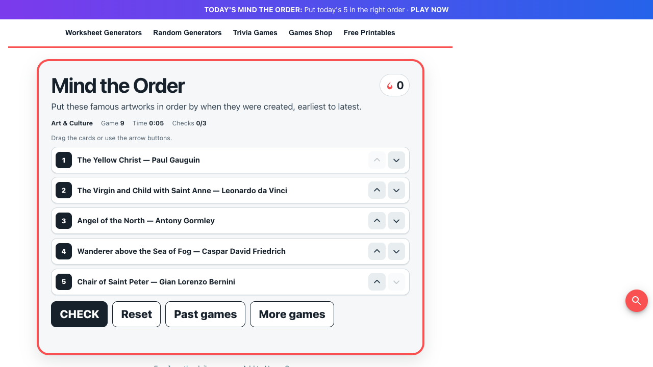 Mind the Order's five movable trivia cards with arrow controls, Check, Reset, and Past games.