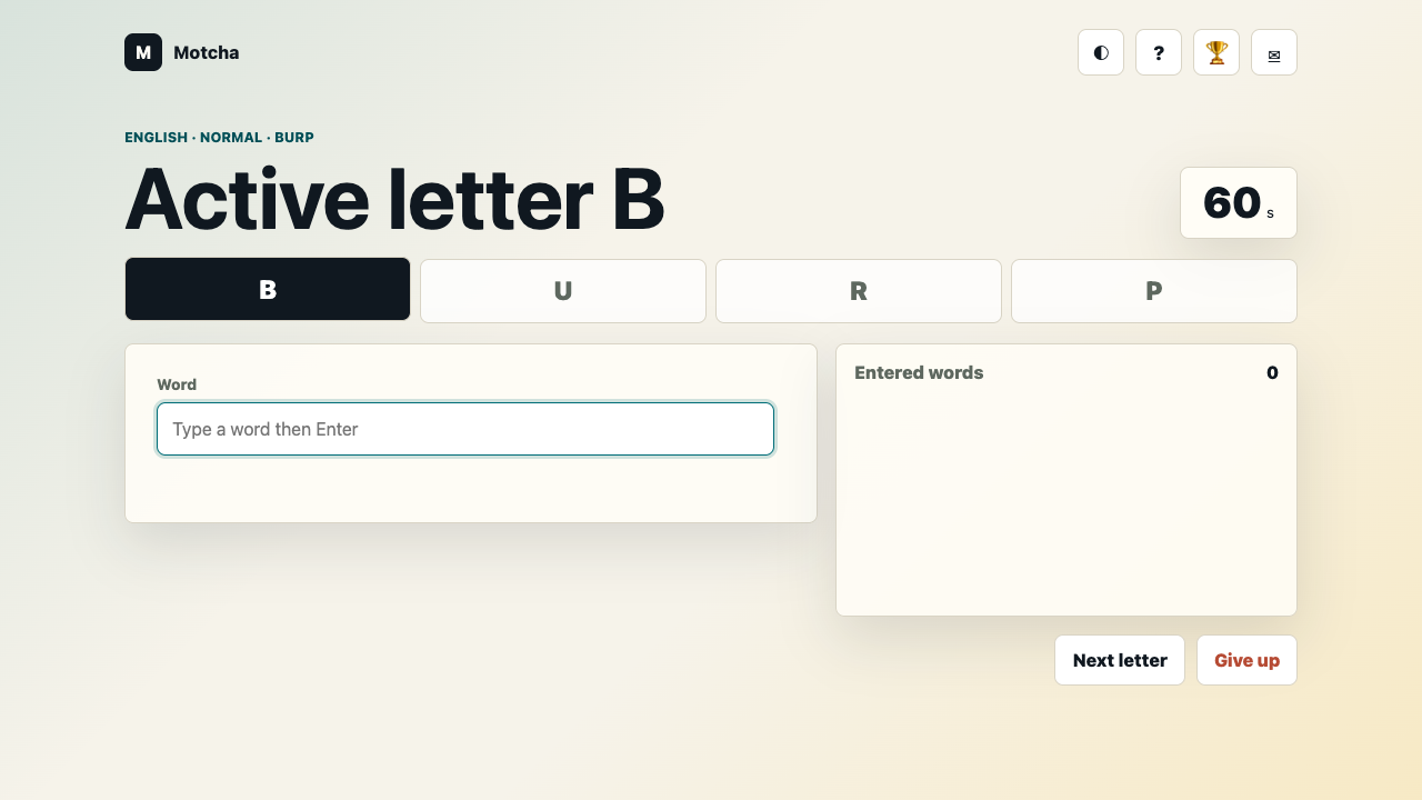 Motcha's timed word-entry screen and current starting-letter prompt.