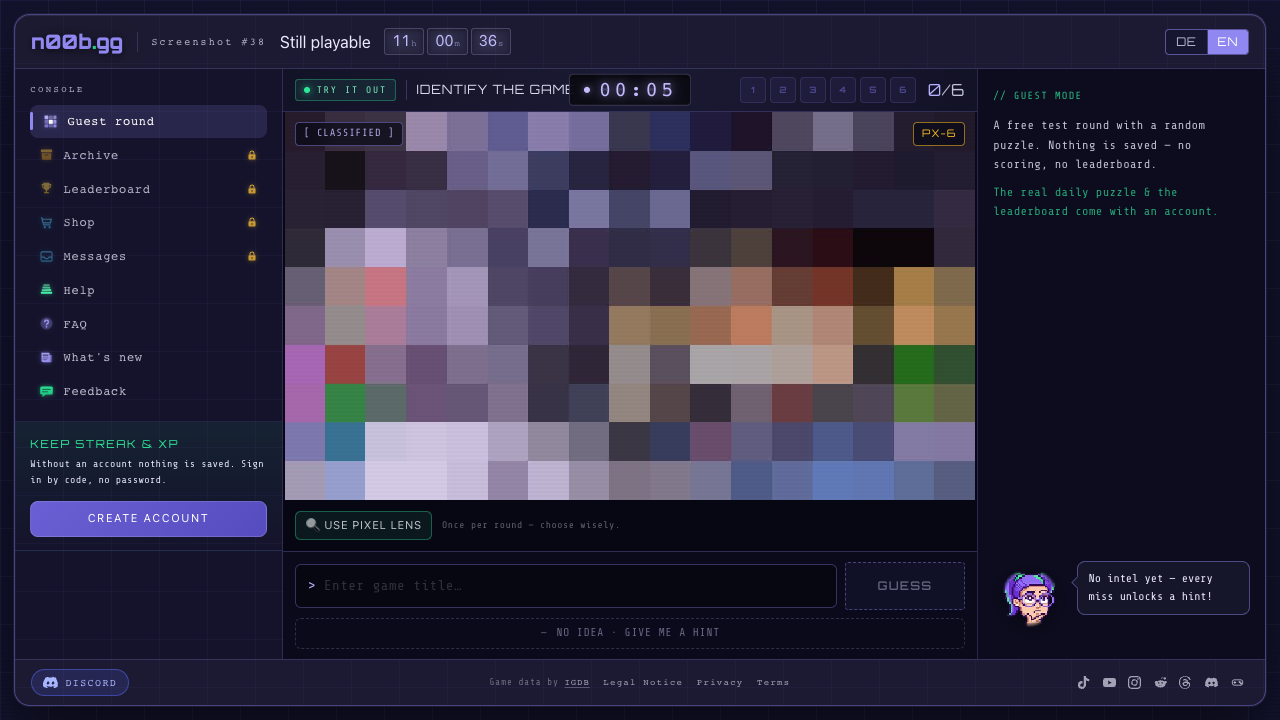 The n00b.gg guest screenshot puzzle with six attempts and an image-identification panel.