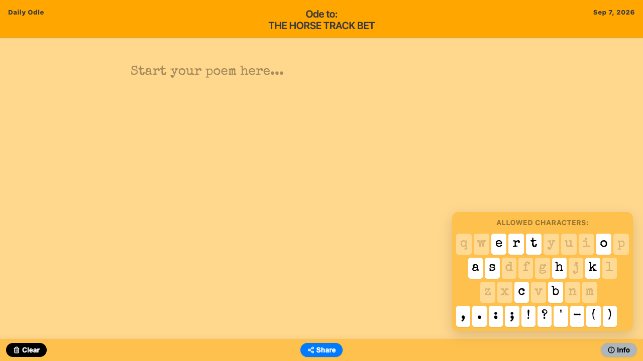 Odle's daily topic, poem-writing area, and keyboard showing the available characters.