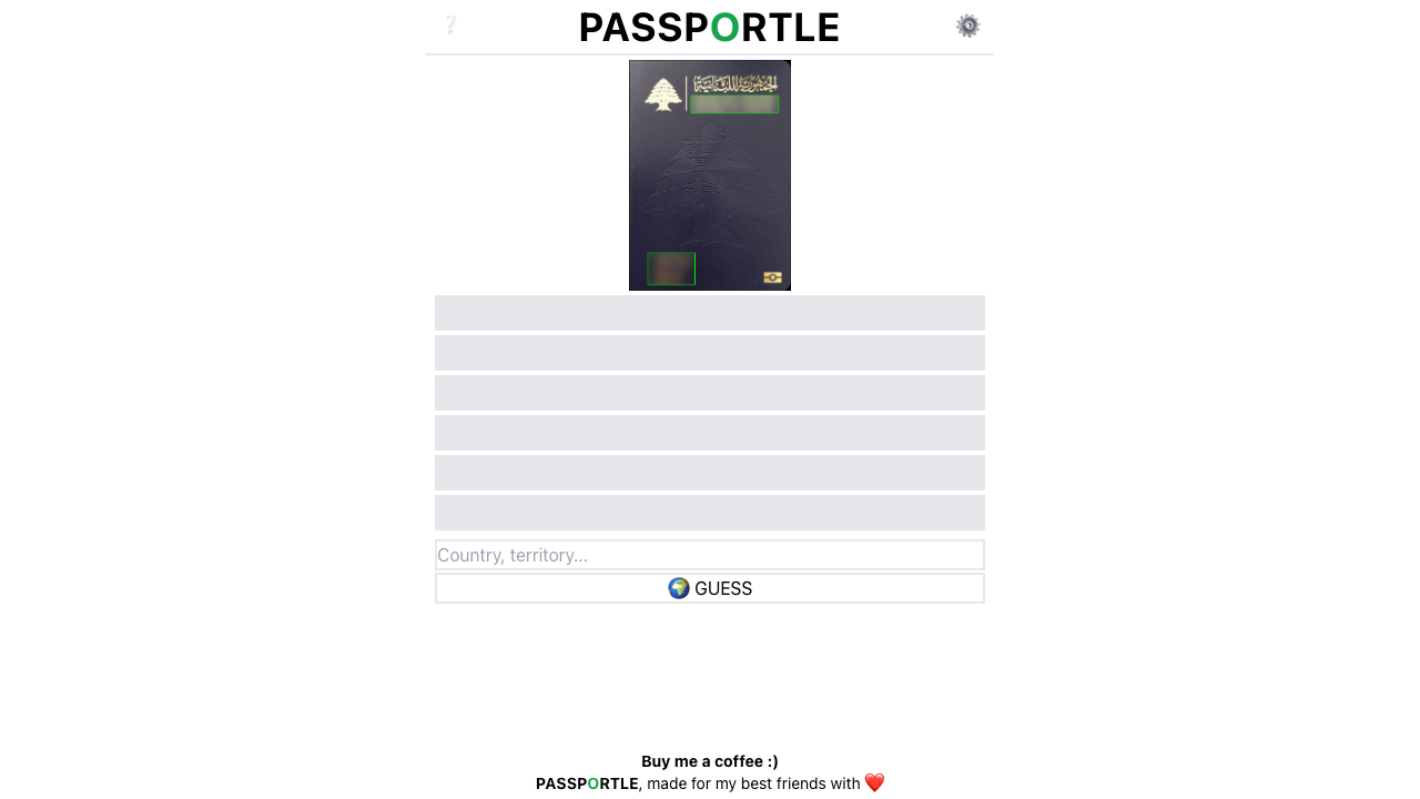 Passportle showing the passport-cover clue, six answer rows, and country-guess input.