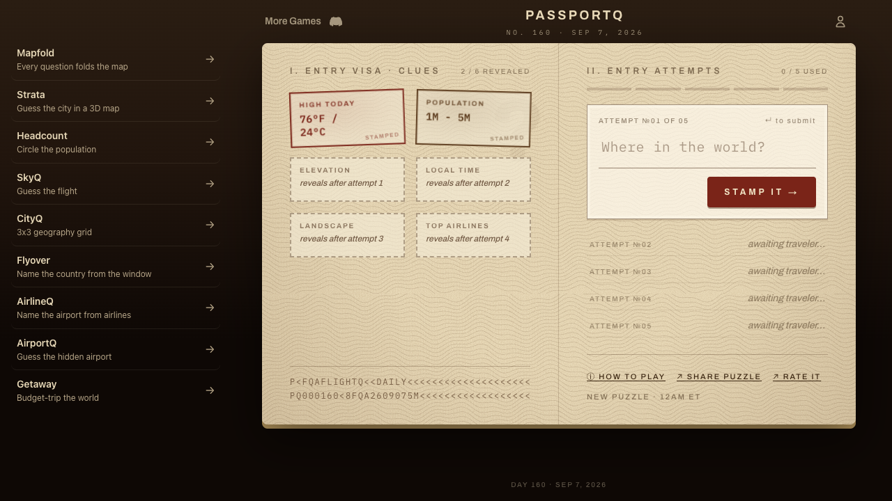 PassportQ's travel-document layout with revealed weather and population clues and five city-guess slots.