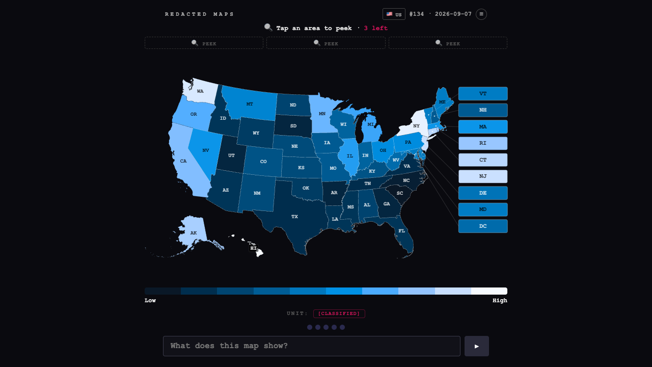 Redacted Maps displaying its colored regional map, hidden unit, data-peek controls, and answer field.