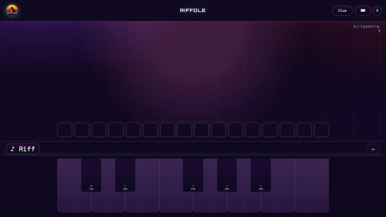 Riffdle's note-entry board and piano keyboard, with riff playback and clue controls.