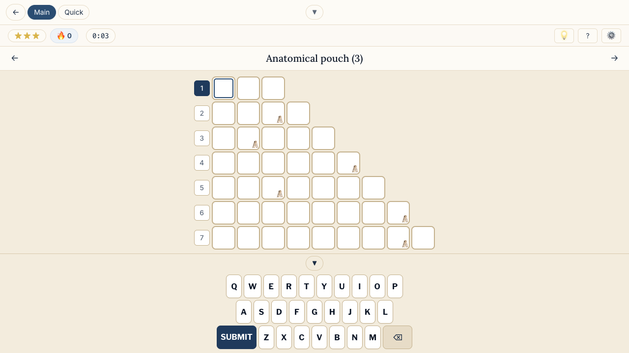 Stepwords displaying its growing answer ladder, current clue, and letter-entry keyboard.