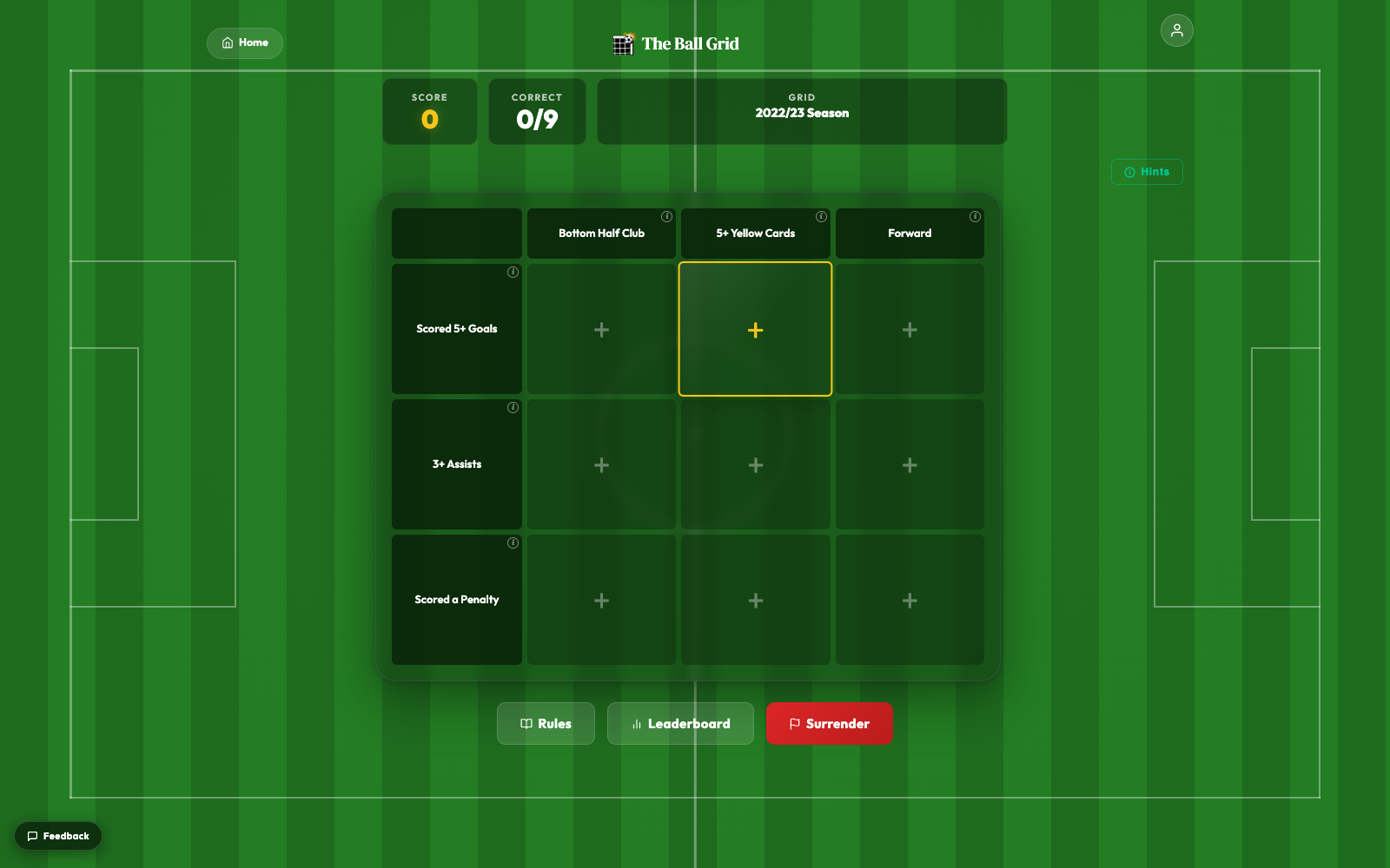 The Ball Grid's Classic mode showing nine cells with intersecting Premier League player categories.