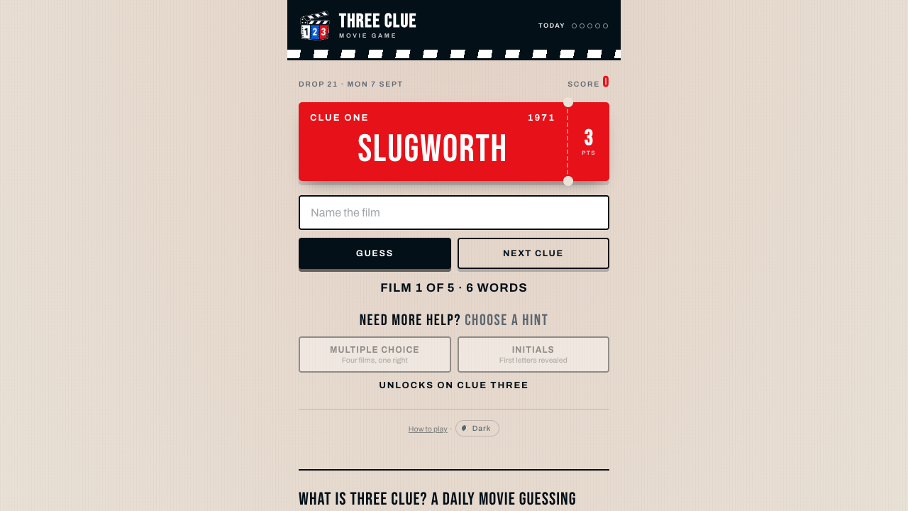 Three Clue's movie-guessing board with a one-word clue, point value, and optional hint controls.