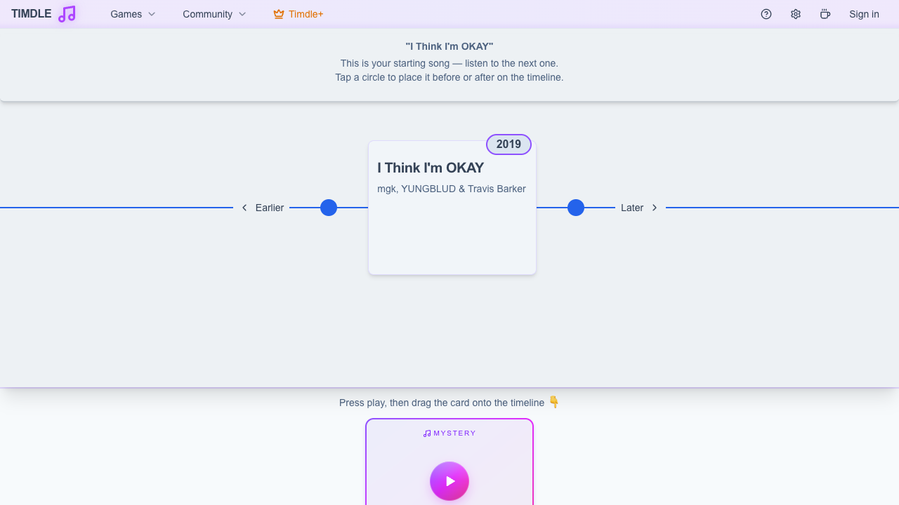 Timdle Music showing its starting track, chronological timeline, and the next mystery-song card.