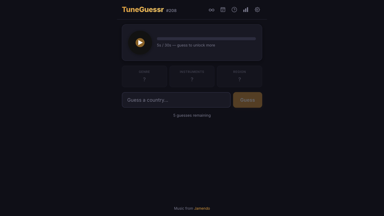 Tune Guessr's audio player, locked music hints, and five-guess country answer field.