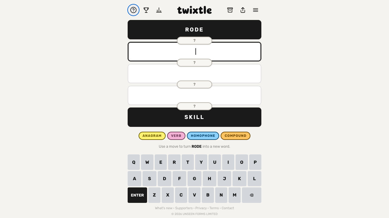 Twixtle's start and end words, four hidden move slots, and word-entry keyboard.