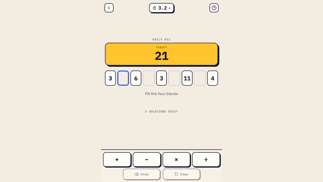 What's the Number? showing five fixed numbers, four operator gaps, the target, and arithmetic controls.