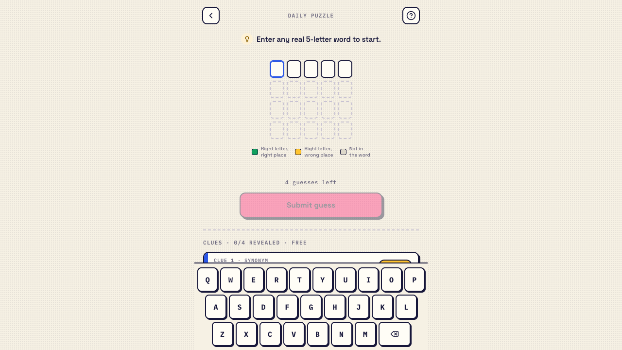 What's the Word? showing the daily answer board, four optional clue cards, and word-entry keyboard.