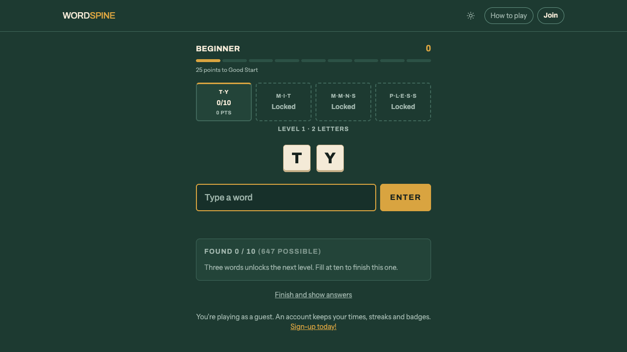 Wordspine Pro showing the active letter pattern, level progression, and answer field.