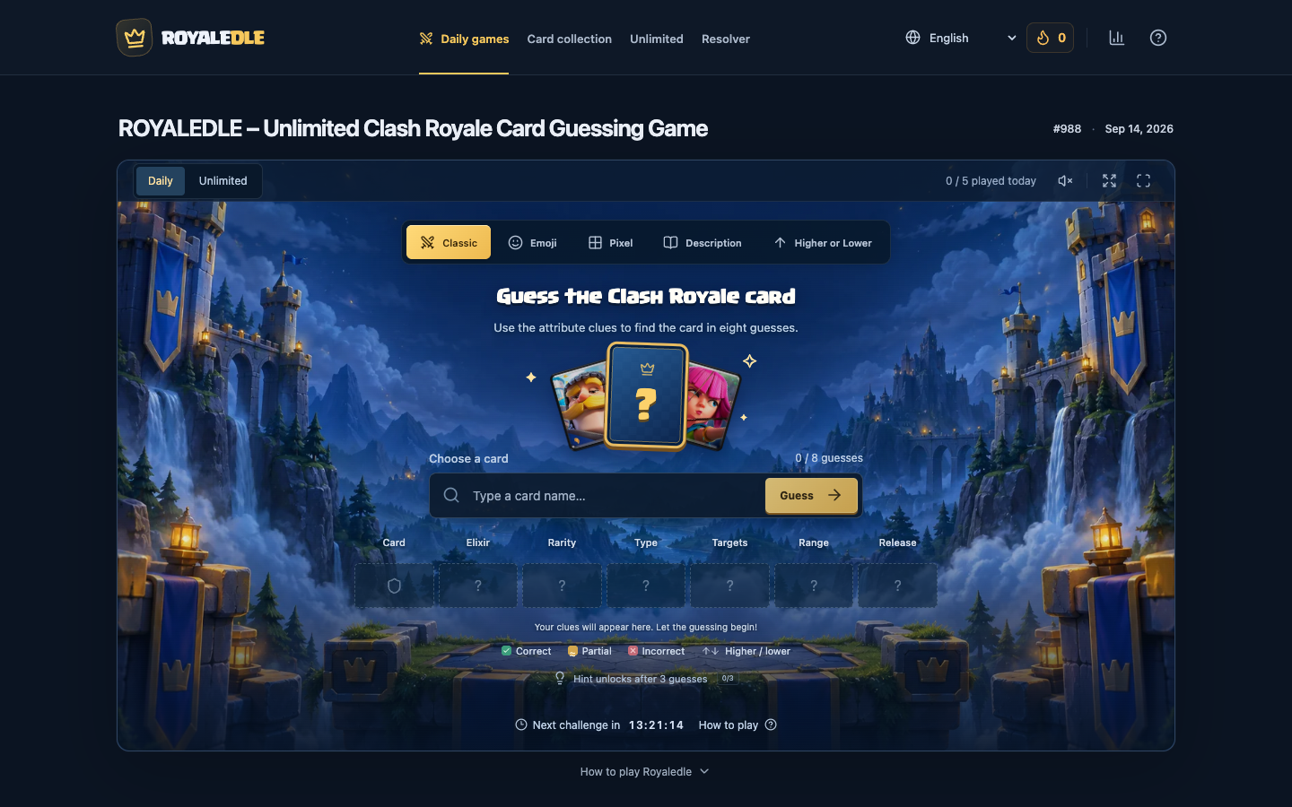 RoyaleDle Unlimited Classic mode with its card search and attribute clue table